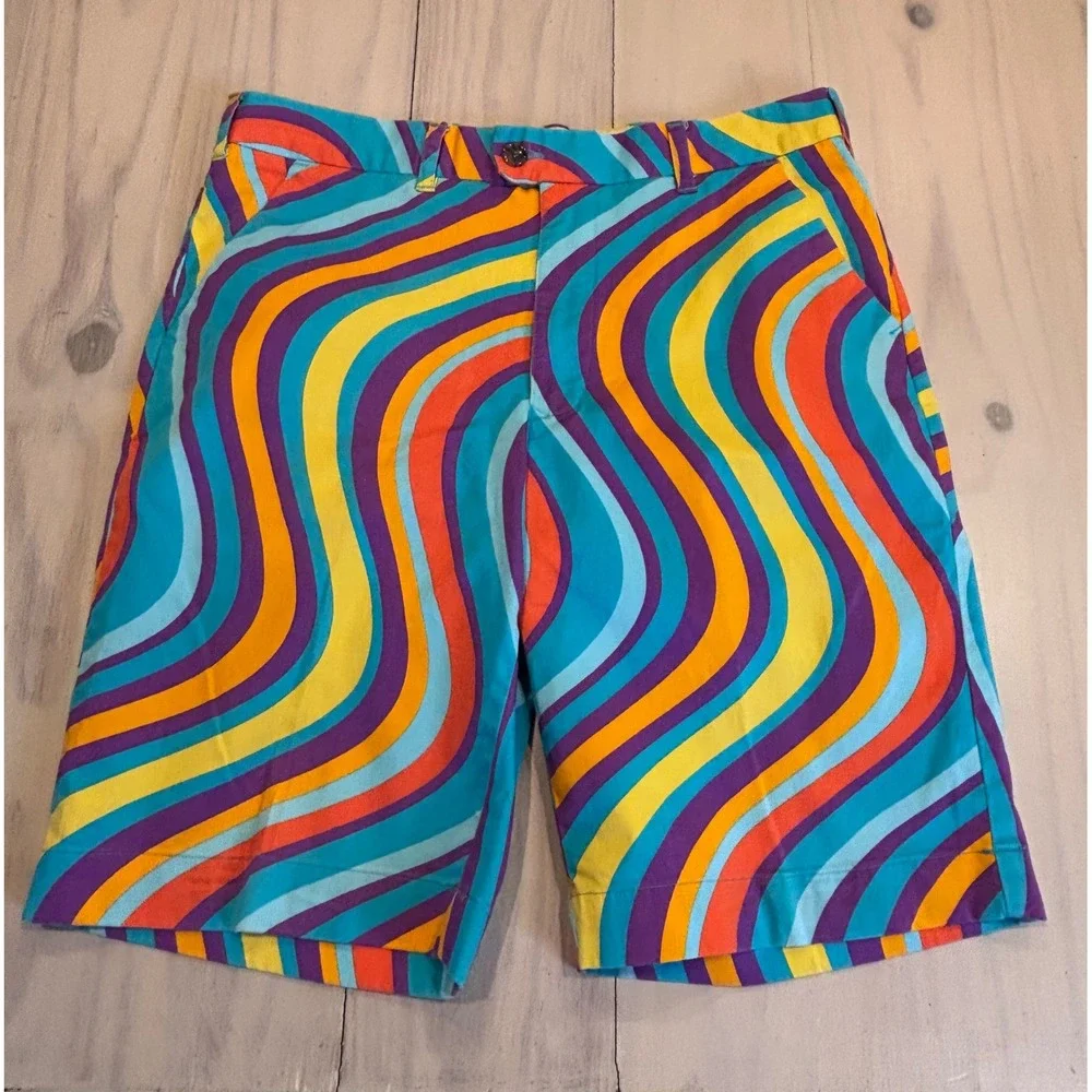 Loudmouth Golf Shorts Mens 36 Multicolor Wavy Psychedelic Stripe Cotton Stretch